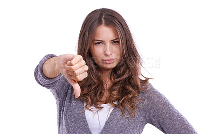 Buy stock photo Thumbs down, portrait and hands of woman in studio for rejection of bad news, emoji sign and vote no for feedback on white background. Unhappy model show negative review, wrong decision and failure 