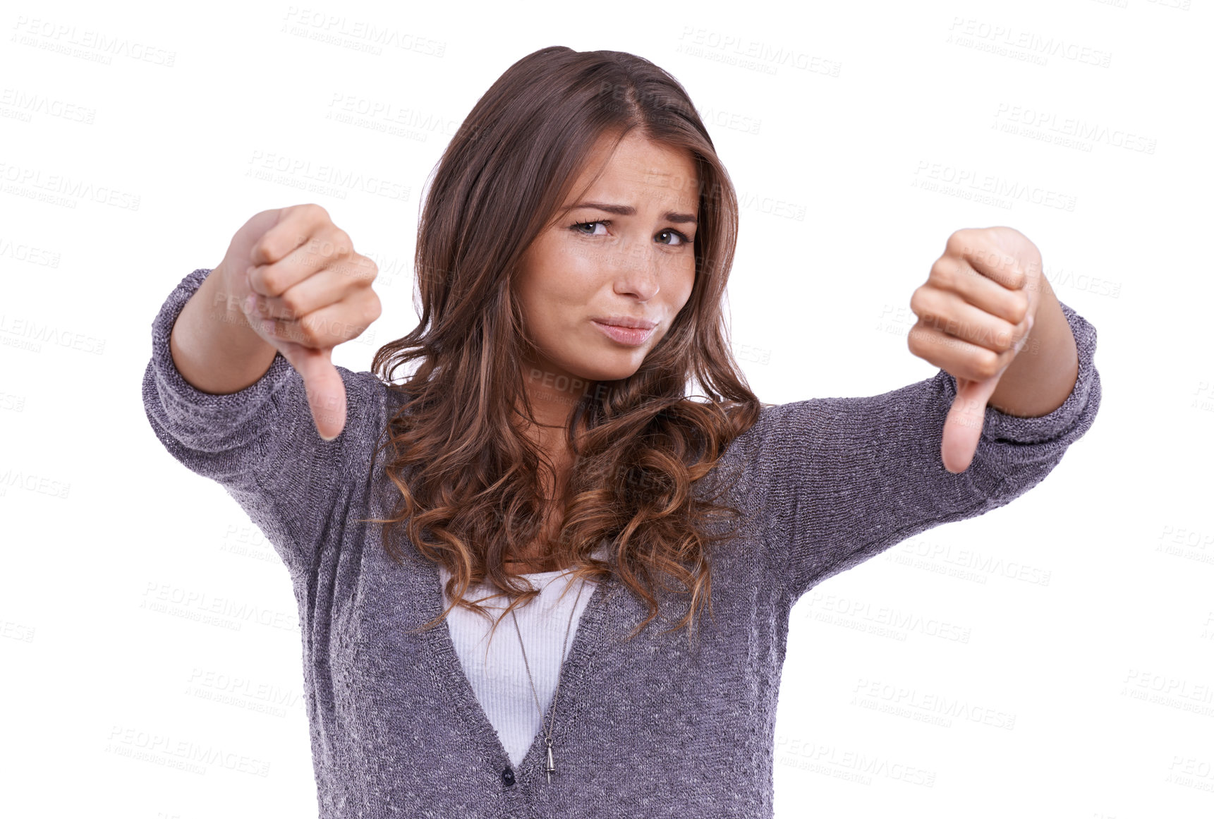 Buy stock photo Thumbs down, portrait and unhappy woman in studio with rating for rejection, emoji sign or feedback of bad news on white background. Model show negative review, wrong decision and vote no for opinion