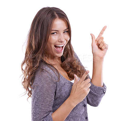 Buy stock photo Finger gun, portrait and happy woman point to discount promotion, sales notification or commercial information. Studio, direction and excited person gesture at news announcement on white background