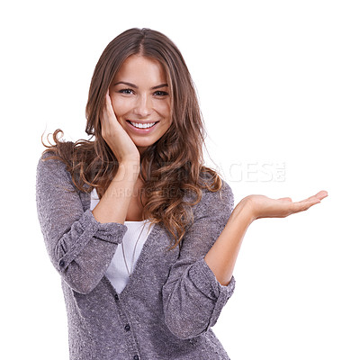 Buy stock photo Studio, happiness and portrait of woman with palm gesture for discount promotion, sales notification or commercial information. Smile, mockup ads space and model presentation on white background