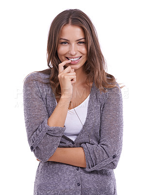 Buy stock photo Thinking, smile and portrait of happy woman in studio with solution, answer or conclusion on white background. Brainstorming, face or lady model with emoji for problem solving, questions or planning