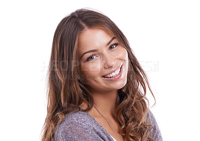 Buy stock photo Happy, woman and portrait in studio for hair care, beauty and confidence in style on white background mockup. Face, smile and person with pride from dermatology, cosmetics and glow from skincare