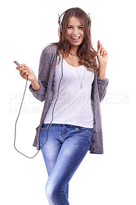 Buy stock photo Happy woman, portrait and headphones listening to music or dancing on a white studio background. Face of young female person smile with radio or audio player for sound track, podcast or streaming