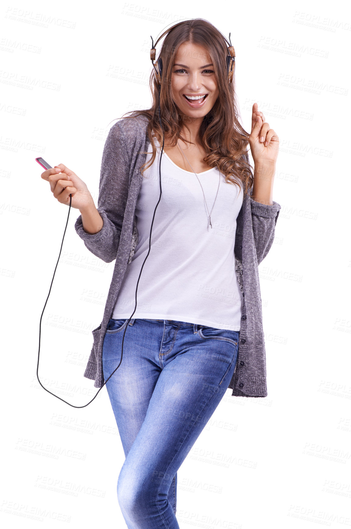 Buy stock photo Happy woman, portrait and headphones listening to music or dancing on a white studio background. Face of young female person smile with radio or audio player for sound track, podcast or streaming