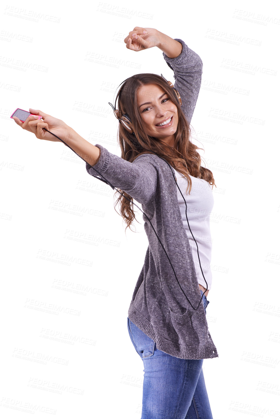 Buy stock photo Happy woman, portrait and headphones dancing to podcast or music on a white studio background. Face of young female person smile with radio or audio player for sound track, podcast or streaming