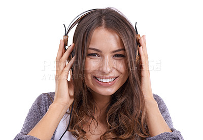 Buy stock photo Happy woman, portrait and headphones listening to music, podcast or audio on a white studio background. Face of female person, brunette or model smile with headset for radio, streaming or songs