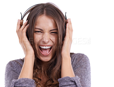 Buy stock photo Portrait of woman in studio with headphones, excited and scream with smile, sound and audio. Face of girl listening to music, podcast or streaming service online with technology on white background.