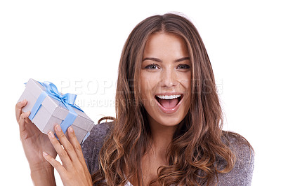 Buy stock photo Happy, surprise and portrait of woman with gift box in studio, white background or mock up space. Excited, present and person smile with gratitude, thank you and wow reaction to giveaway prize