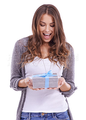 Buy stock photo Wow, gift and woman in studio with surprise box, deal or birthday, commerce or package on white background. Omg, box or lady model with present, offer or prize promo, cashback or competition giveaway