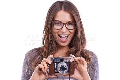 Buy stock photo Photographer, excited woman and retro camera in studio for photoshoot, content creation and paparazzi magazine on white background. Portrait, happy journalist and photography for creative production