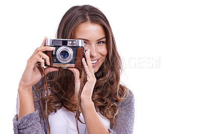 Buy stock photo Portrait, photographer and happy woman with retro camera in studio for photoshoot, content creation and paparazzi on white background. Journalist, photography and creative production at mockup space 