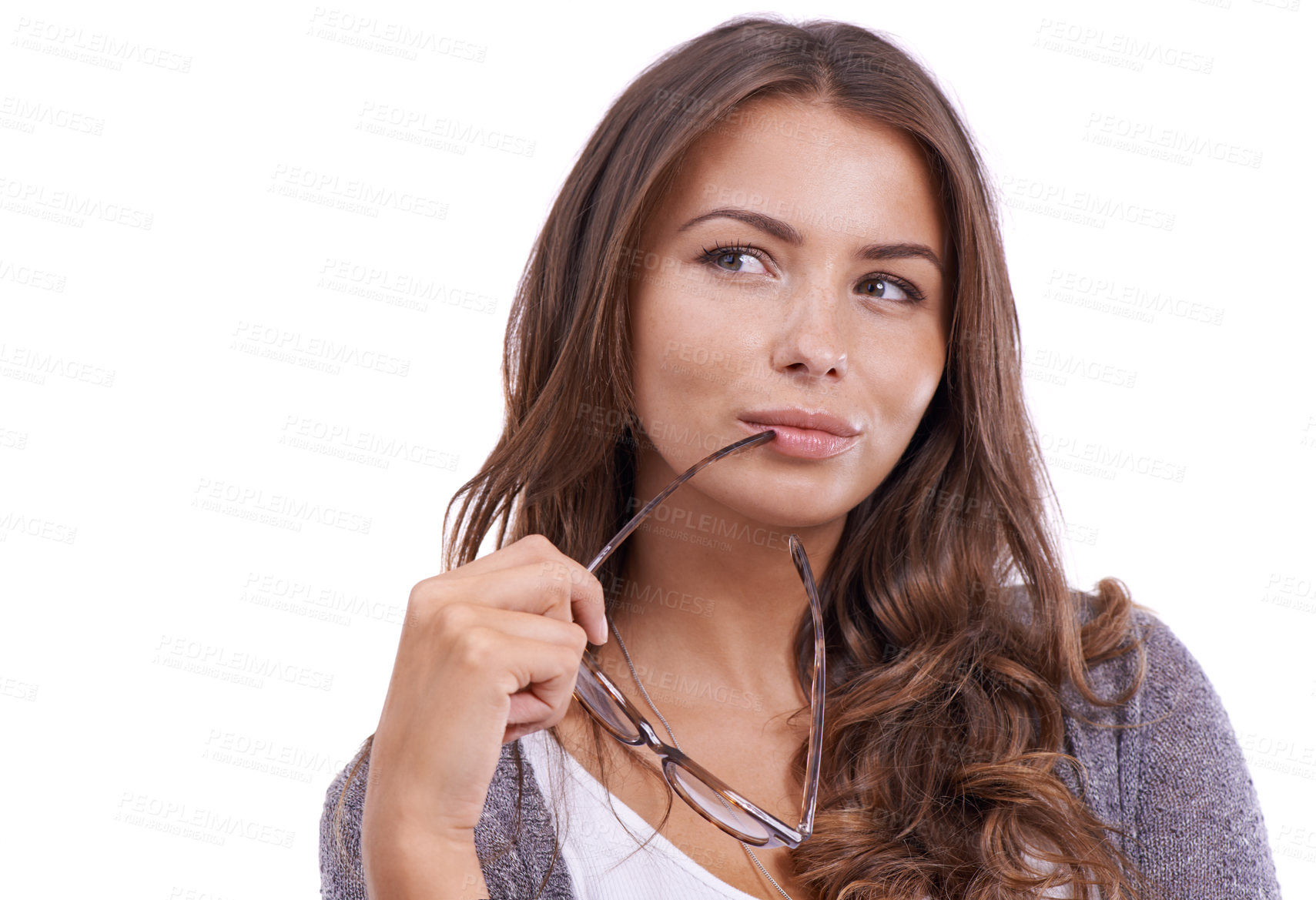 Buy stock photo Woman, glasses and thinking of ideas in studio for planning insight, future decision and wonder why on white background. Curious model dream of solution, remember memory and questions at mockup space