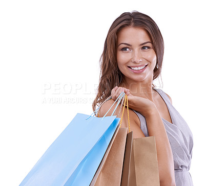 Buy stock photo A young woman carrying many shopping bags