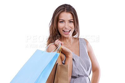 Buy stock photo Smile, portrait and happy woman with shopping bag in studio for retail sales on white background. Wow, deal and face of female model with fashion discount, emoji or store, market or mall promotion