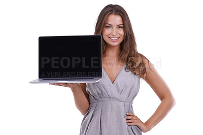 Buy stock photo Portrait, woman and presentation of laptop screen in studio for deal, offer and sign up to newsletter on white background. Happy model, computer and mockup space for advertising announcement about us