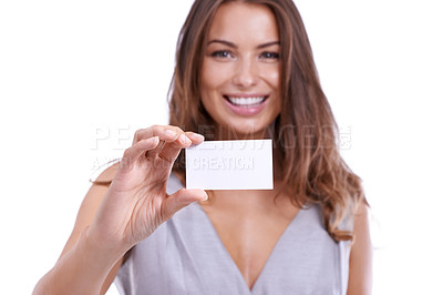 Buy stock photo Happy woman, portrait and business card for career advertising or marketing on a white studio background. Face of female person, model or brunette smile with poster, placard or sign on mockup space