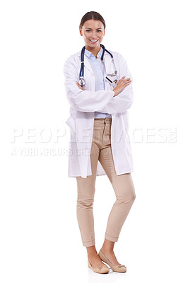 Buy stock photo Portrait of a beautiful doctor standing with arms folded against a white background