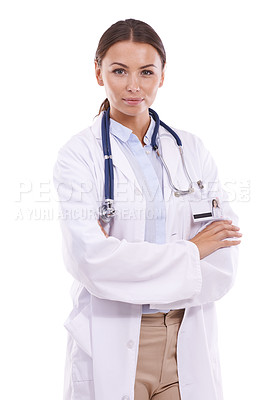 Buy stock photo Happy woman, portrait and professional doctor standing with arms crossed on a white studio background. Female person, surgeon or medical employee with stethoscope in confidence for healthcare career