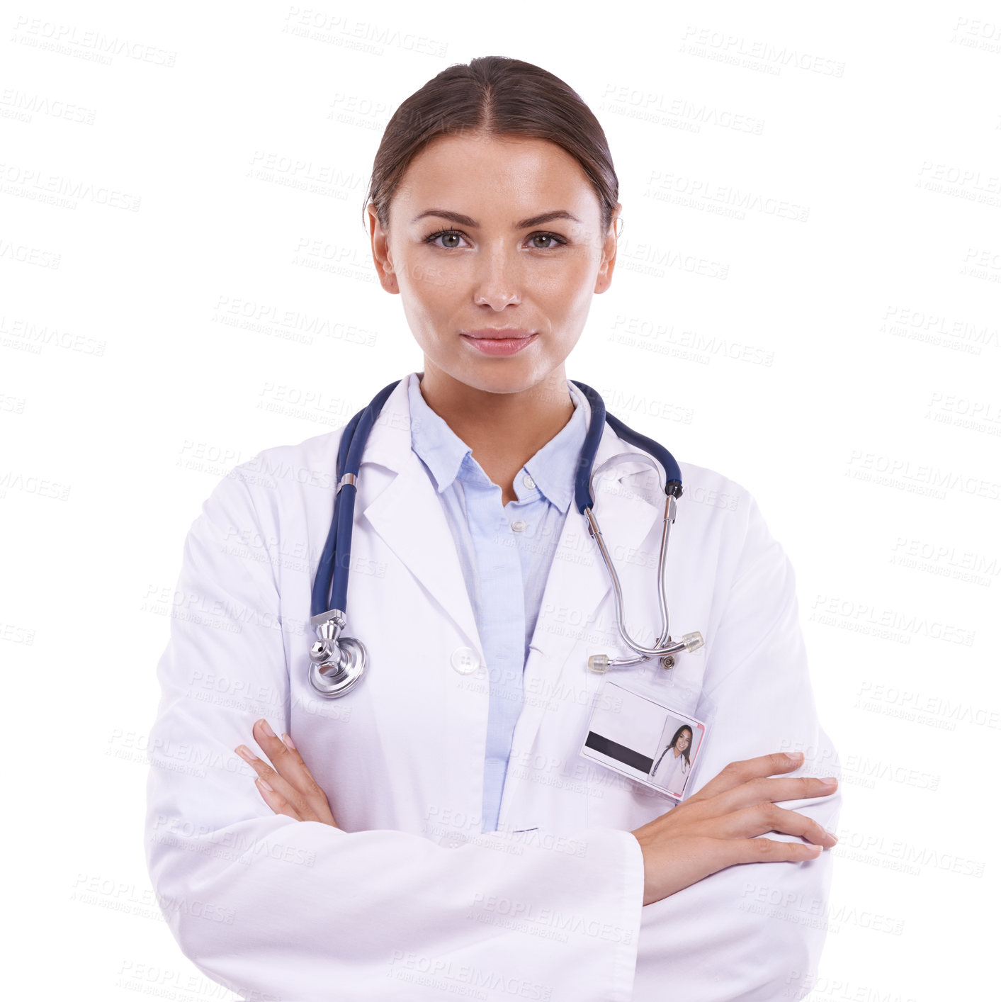 Buy stock photo Portrait of a beautiful doctor standing with arms crossed against a white background