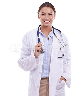 Buy stock photo Happy woman, portrait and doctor with stethoscope for healthcare on a white studio background. Female person, surgeon or medical professional cardiologist smile for heart or health advice on mockup