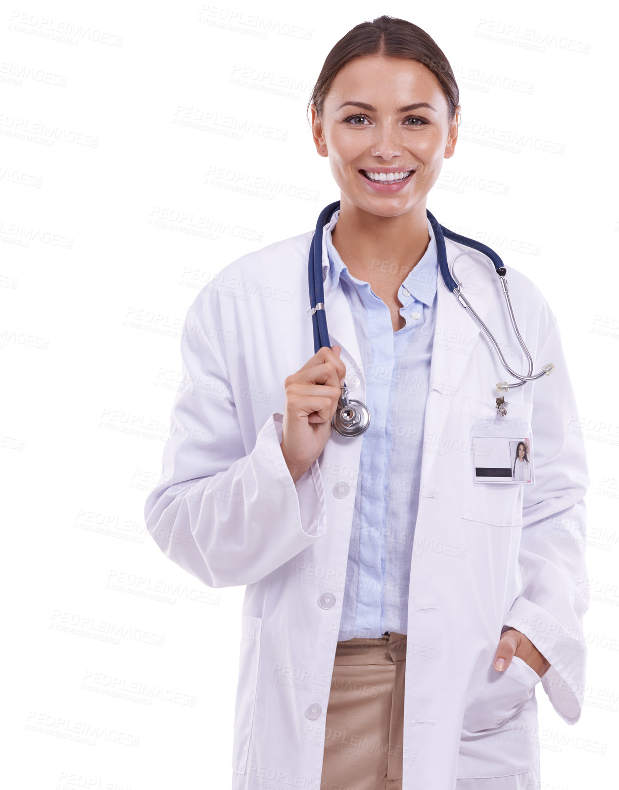 Buy stock photo Happy woman, portrait and doctor with stethoscope for healthcare on a white studio background. Female person, surgeon or medical professional cardiologist smile for heart or health advice on mockup