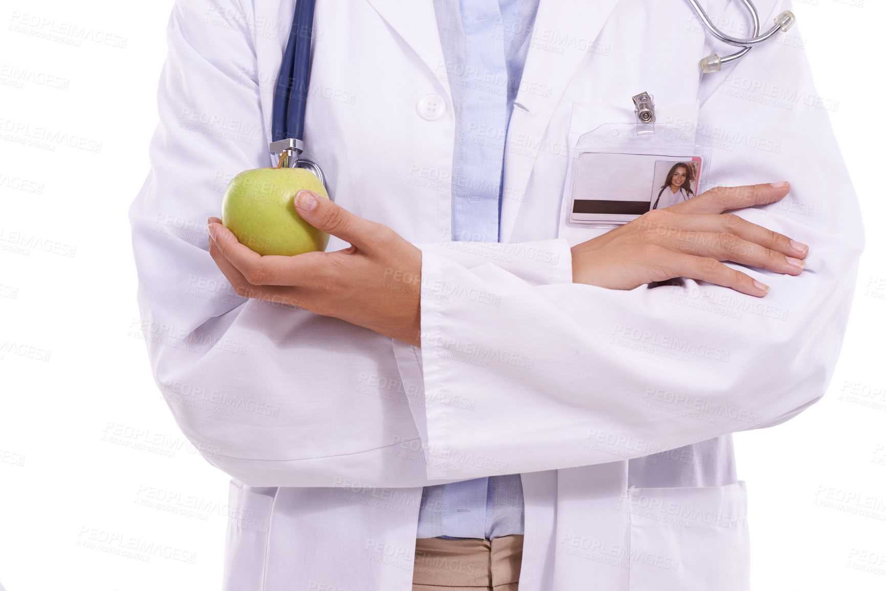 Buy stock photo Woman, hands and doctor with apple in diet, natural nutrition or healthy snack on a white studio background. Closeup of female person, surgeon or medical employee with green organic fruit for vitamin