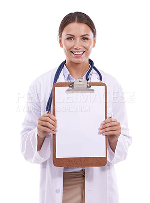 Buy stock photo Doctor, portrait and woman with clipboard offer, paper or form mockup in studio on white background. Healthcare, space and face of surgeon with medical documents for hospital, compliance or insurance