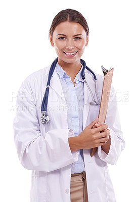 Buy stock photo Happy woman, portrait and doctor with clipboard for healthcare on a white studio background. Face of female person, surgeon or medical nurse smile for results, signup or life insurance in medicare