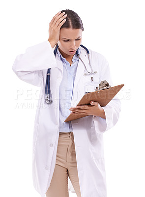 Buy stock photo Stress, worry and woman doctor with clipboard mistake in studio for compliance, fail or disaster on white background. Oops, anxiety and female health expert with document, crisis or insurance problem