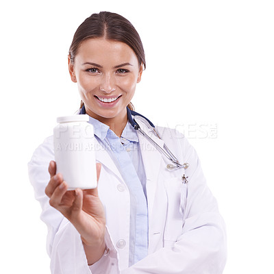 Buy stock photo Happy woman, portrait and doctor with medication, pills or medicine bottle on a white studio background. Face of female person, pharmacist or medical nurse smile with drugs or treatment on mockup