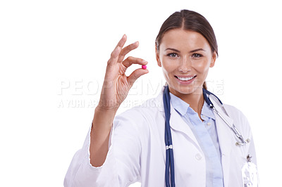 Buy stock photo Woman, doctor and pill for treatment in portrait, medicine and supplement for healthcare in studio. Female person, medical professional and antibiotic or drug innovation, capsule and white background