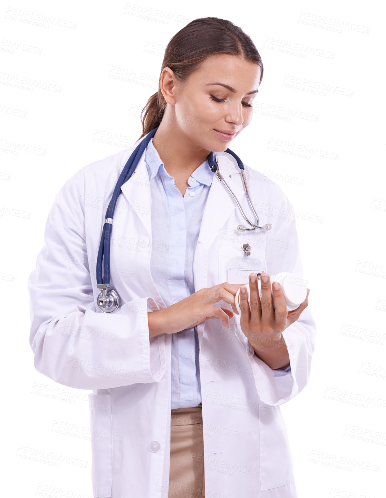 Buy stock photo Woman, doctor and reading label of medication for pills, prescription or side effect on a white studio background. Female person, pharmacist or medical nurse checking dosage for healthcare results