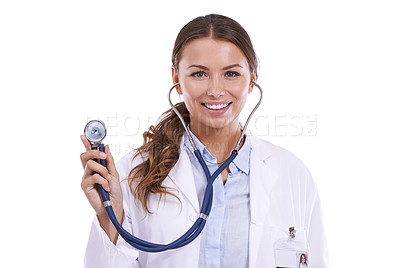 Buy stock photo Doctor, portrait and woman with stethoscope for heartbeat, healthcare and cardiology in studio on white background. Happy medical worker with tools to check lungs, cardiovascular test and evaluation