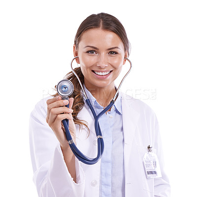 Buy stock photo Woman doctor, portrait and stethoscope in studio for lungs, chest or heart examination on white background. Heartbeat, face and female surgeon with medical tool for listening, diagnosis or checkup