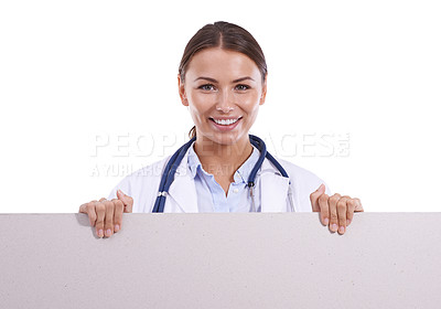 Buy stock photo Healthcare, banner or portrait of woman doctor with studio mockup for hospital, news or info on white background. Poster, space or medic face with billboard presentation for donation or registration