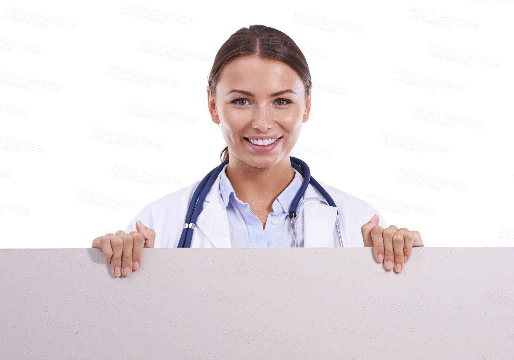 Buy stock photo Healthcare, banner or portrait of woman doctor with studio mockup for hospital, news or info on white background. Poster, space or medic face with billboard presentation for donation or registration