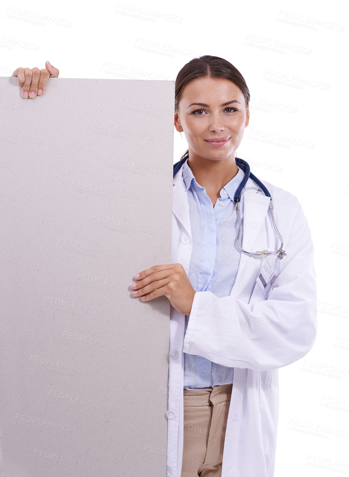 Buy stock photo Healthcare, poster or portrait of woman doctor with studio mockup for hospital, news or info on white background. Banner, space or medic face with billboard presentation for donation or registration