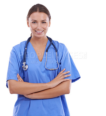 Buy stock photo Woman, happy portrait and nurse in studio with arms crossed for expert healthcare services on white background. Surgeon, professional medical doctor and smile with pride, integrity or trust at mockup