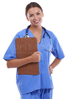 Buy stock photo Woman, portrait and nurse in studio with clipboard, notes and healthcare information on white background. Happy doctor, surgeon and medical worker with paperwork for insurance report, script or admin