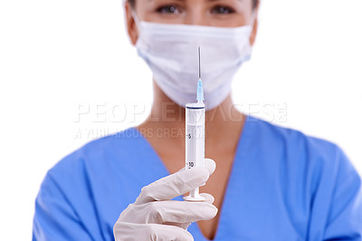 Buy stock photo Woman, portrait and doctor with syringe for protection, health and safety on a white studio background. Female person, surgeon or medical nurse with needle and face mask for vaccination or anesthetic