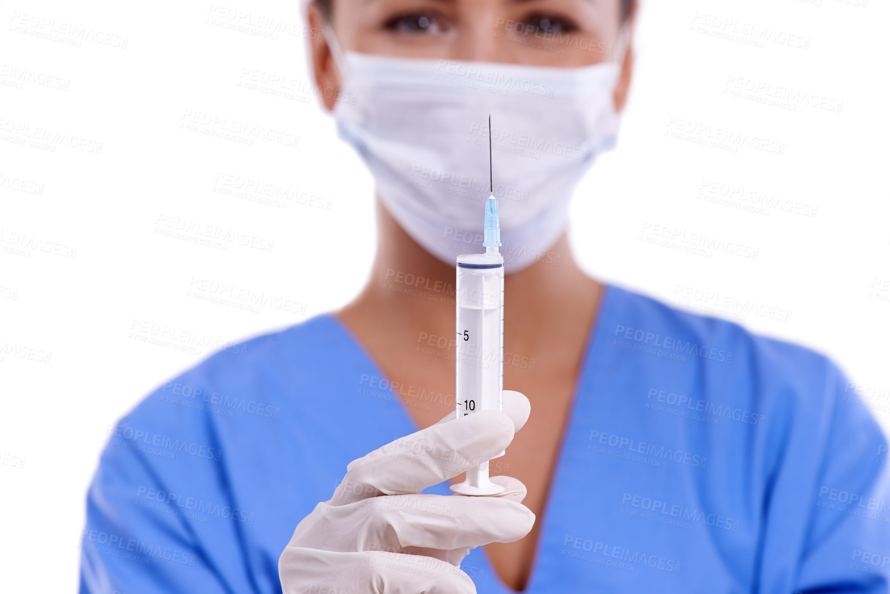 Buy stock photo Woman, portrait and doctor with syringe for protection, health and safety on a white studio background. Female person, surgeon or medical nurse with needle and face mask for vaccination or anesthetic