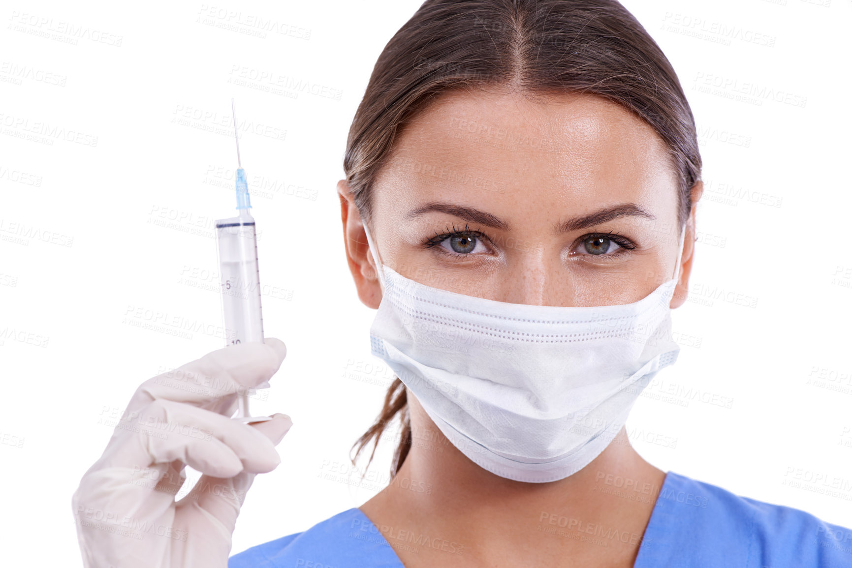 Buy stock photo Woman, portrait and doctor with face mask or syringe for protection, health and safety on a white studio background. Female person, surgeon or medical nurse with needle for cure, virus or anesthetic