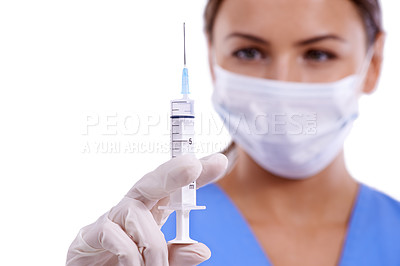 Buy stock photo Woman, doctor and face mask, needle or vaccination for health and safety on a white studio background. Female person, surgeon or medical nurse with syringe for cure, injection or anesthetic on mockup