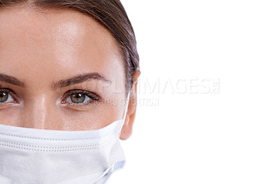 Buy stock photo Healthcare, portrait and woman doctor with face mask in studio for safety from illness or bacteria on white background. Medical, mockup or eyes of nurse at hospital with cover for clinic compliance