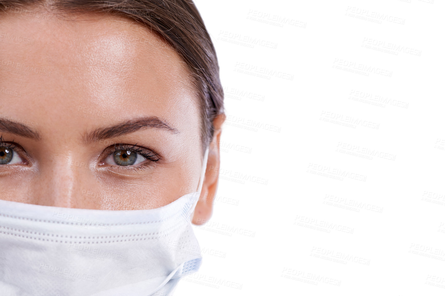 Buy stock photo Healthcare, portrait and woman doctor with face mask in studio for safety from illness or bacteria on white background. Medical, mockup or eyes of nurse at hospital with cover for clinic compliance