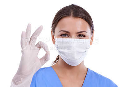 Buy stock photo Happy woman, portrait and doctor with ok sign or face mask for good job on a white studio background. Young female person, surgeon or medical nurse with like emoji, yes gesture or perfect on mockup