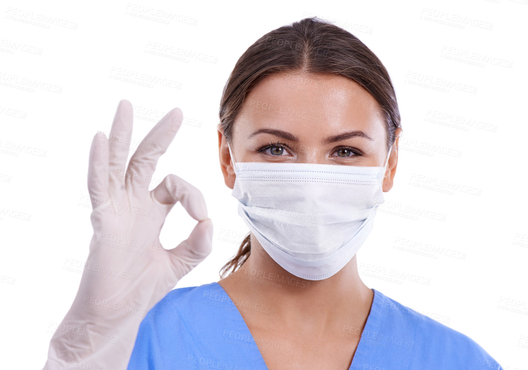 Buy stock photo Happy woman, portrait and doctor with ok sign or face mask for good job on a white studio background. Young female person, surgeon or medical nurse with like emoji, yes gesture or perfect on mockup