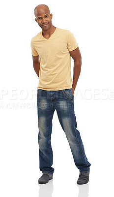 Buy stock photo Portrait, fashion and black man with a smile, casual outfit and confident guy isolated on a white studio background. African person, mockup space and model with jeans, trendy clothes and happy