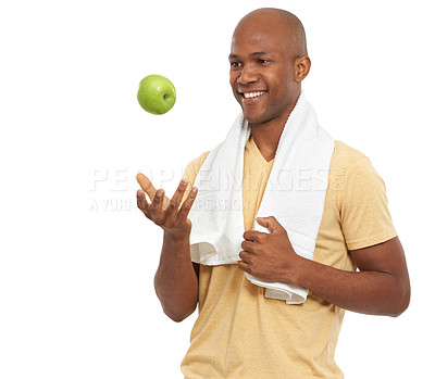 Buy stock photo Black man, apple for health and nutrition, wellness or detox with vegan life isolated on white background. Organic, fresh and green with fruit, diet and healthy food for weight loss in studio