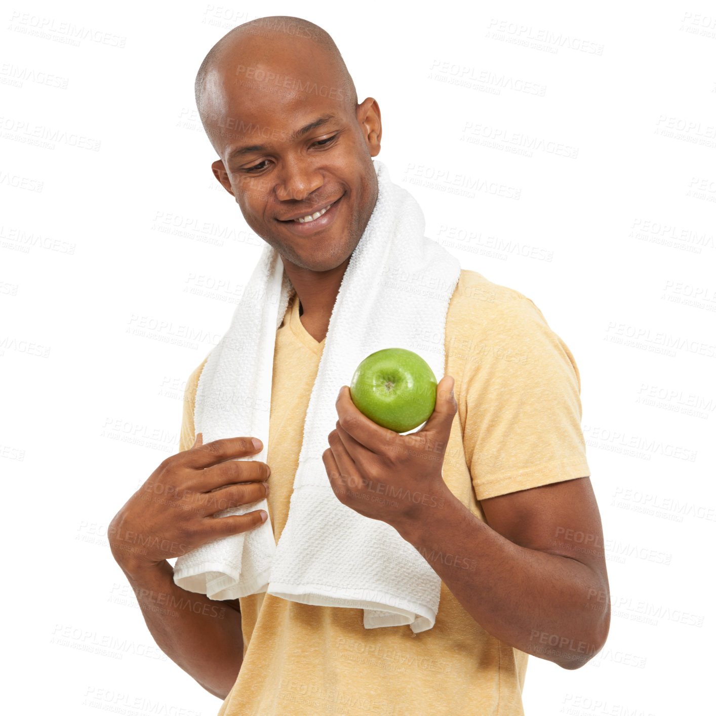 Buy stock photo Apple, towel and black man with a smile, fitness and model isolated on white studio background. African person, mockup space and guy with nutrition, fruit and diet plan with health snack and wellness